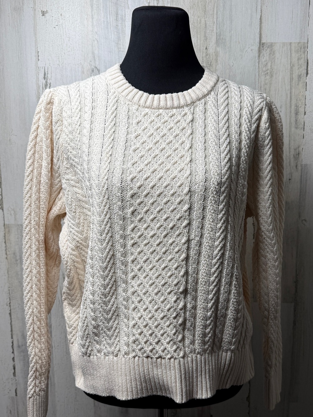 J Crew Chunky Cable Knit Fisherman’s Sweater Cream Minimalist XL 2023 Puff Prep